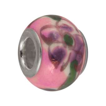 Keramik Großloch-Perle, 13 mm, Blüten Design, rosa rosa