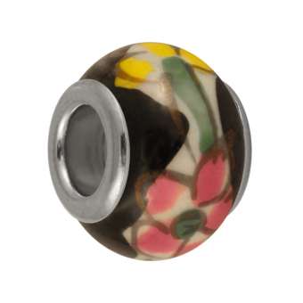 Keramik Großloch-Perle, 13 mm, Blüten Design, schwarz schwarz