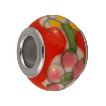Keramik Großloch-Perle, 13 mm, Blüten Design, rot rot